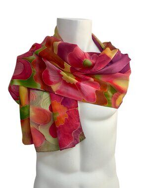 Vibrant Floral Silk Oblong Scarf Wrap Pink Orange Green Statement Piece